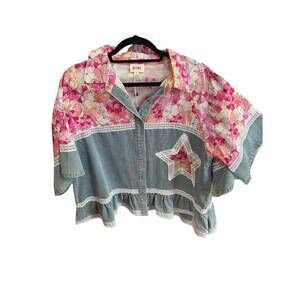 NEW BIBI women's denim floral button up crop top in pink multi